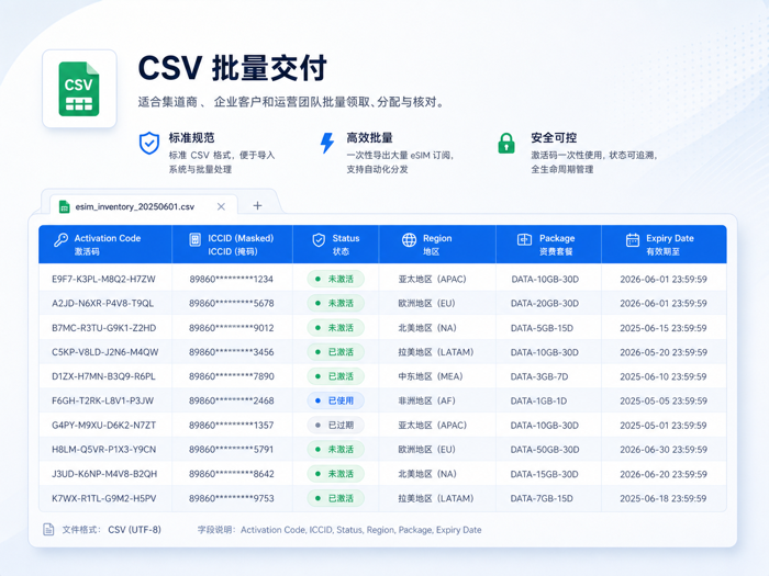 eSIM profile inventory CSV batch table example