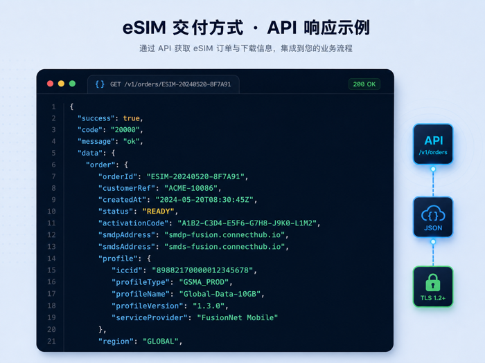 eSIM order and activation information JSON data segment example
